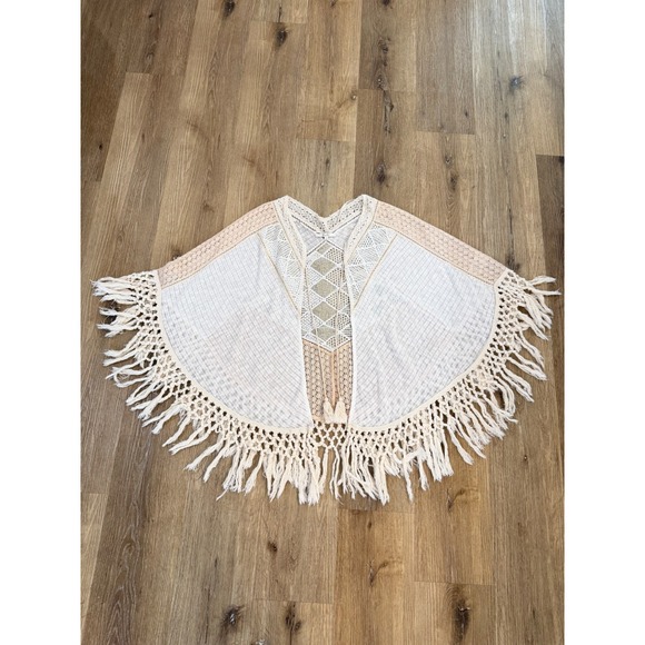 Miss Me Sweaters - Miss Me Boho Crochet Fringe Lace Poncho Women L Cream Peach Tassels Western